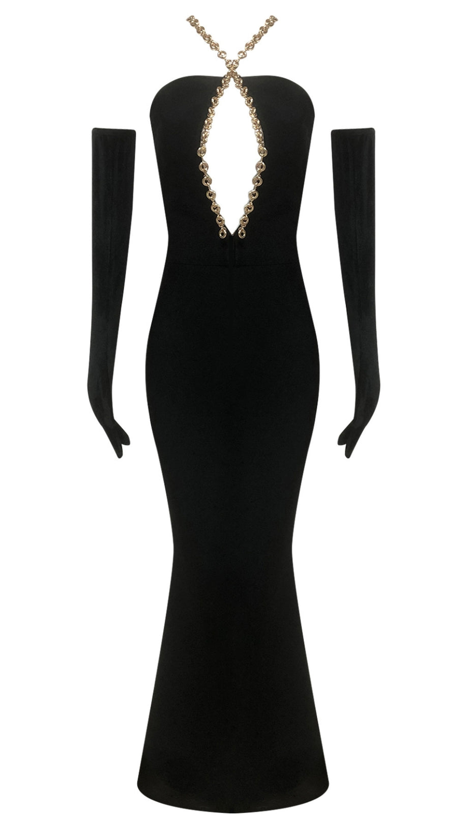 CHAIN - NECKLINE MERMAID GOWN WITH GLOVES IN BLACK
