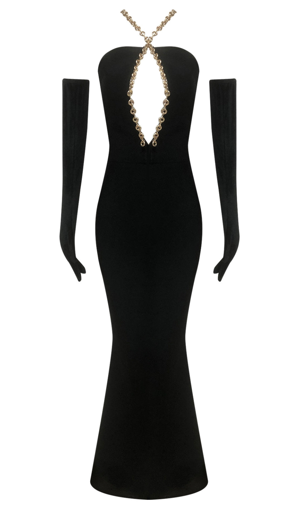 CHAIN - NECKLINE MERMAID GOWN WITH GLOVES IN BLACK