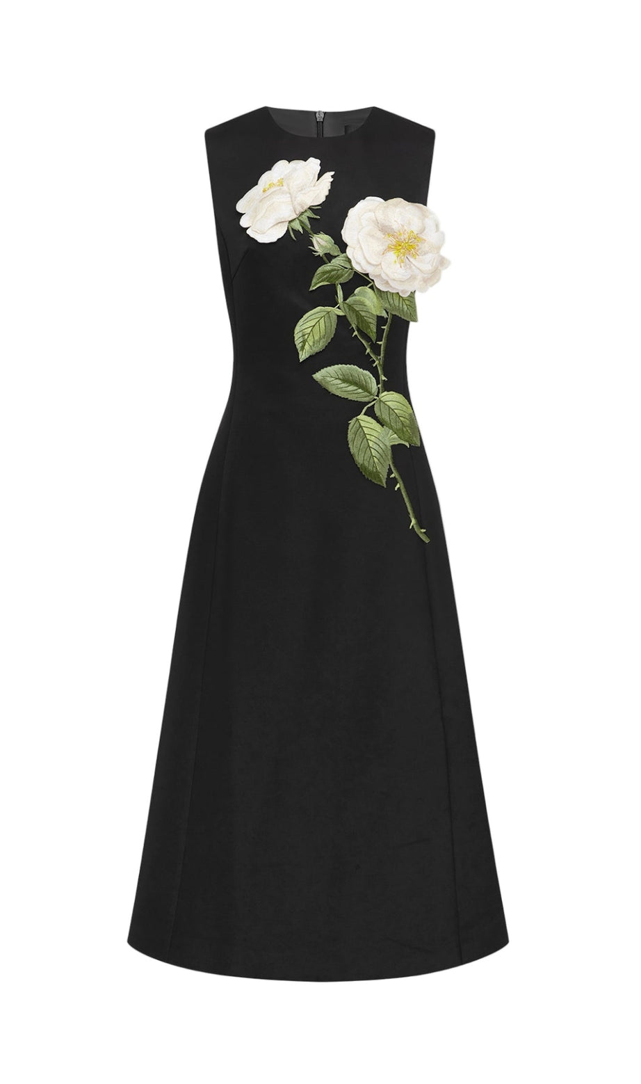 Kate – Ärmelloses Midikleid mit Blumenmuster und Verzierung in Schwarz