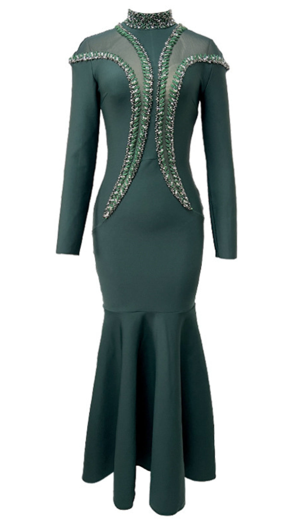 MOCK NECK BEADED MERMAID MAXI DRESS IN DARK GREEN