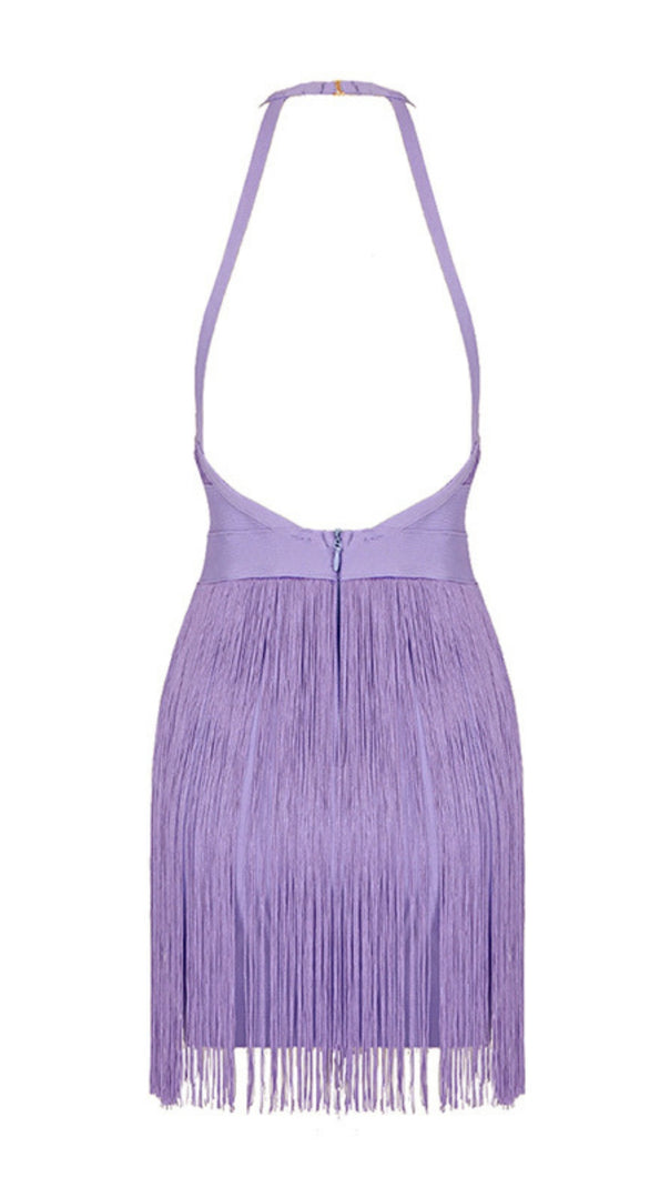 AIIZIE HALTER NECK FRINGE TRIM BANDAGE MINI DRESS IN LAVENDER - product image