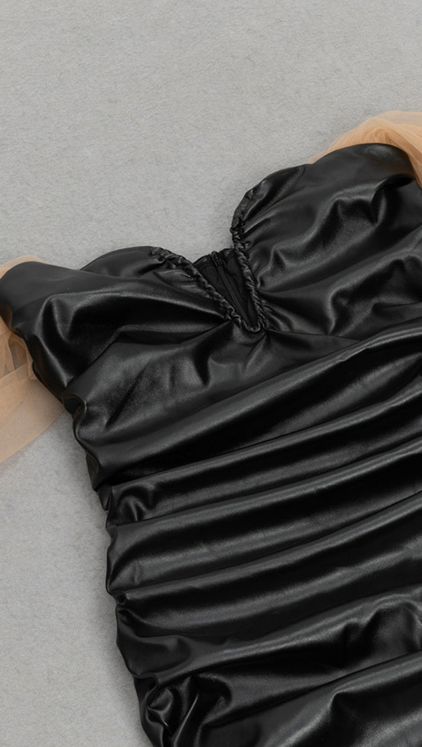 AIIZIE OFF - SHOULDER TULLE - SLEEVE RUCHED RUFFLE DRESS IN BLACK - product image