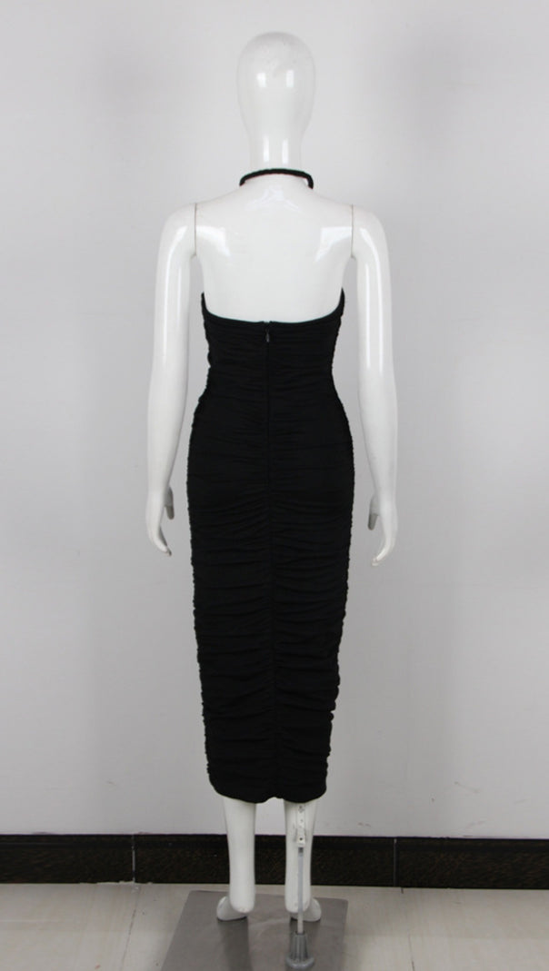 AIIZIE HALTER - NECK CUTOUT RUCHED MIDI DRESS WITH PINK ROSE IN BLACK - product image