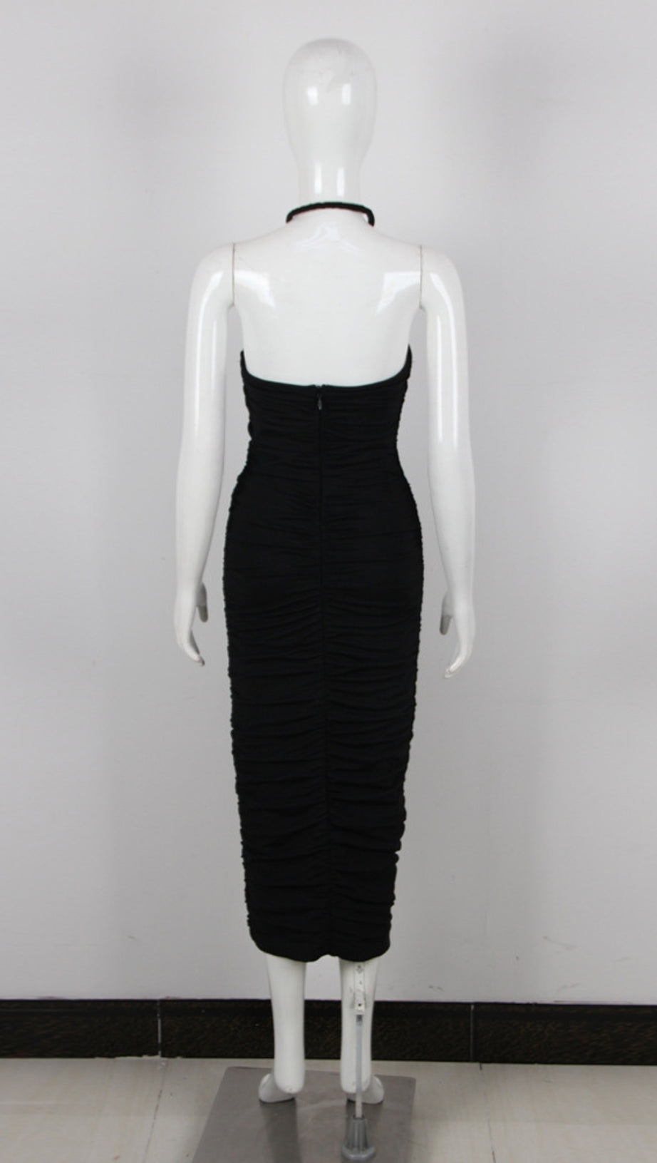 HALTER - NECK CUTOUT RUCHED MIDI DRESS WITH PINK ROSE IN BLACK