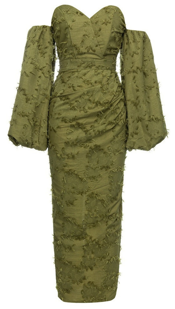 AIIZIE TEXTURED - JACQUARD OFF - SHOULDER MIDI DRESS IN OLIVE GREEN - product image