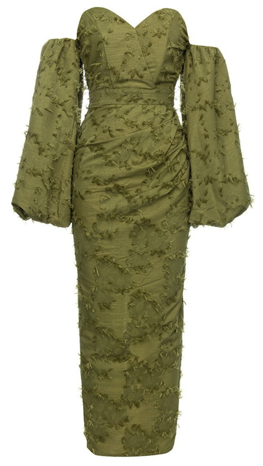 Strukturiertes, schulterfreies Midikleid aus Jacquard in Olivgrün