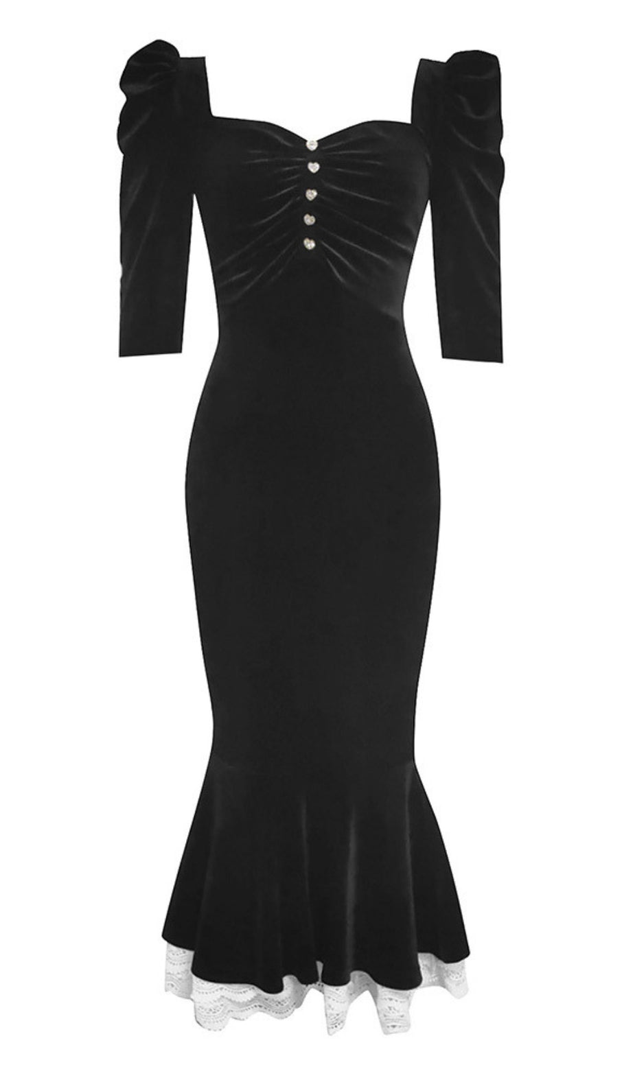 Samt-Meerjungfrauenkleid mit Puffärmeln und Knöpfen in Schwarz