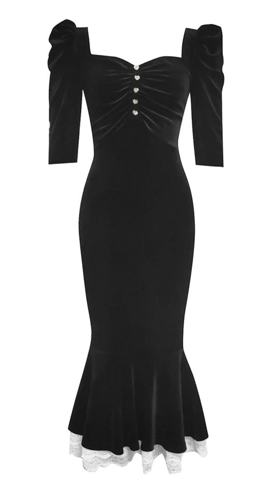 Samt-Meerjungfrauenkleid mit Puffärmeln und Knöpfen in Schwarz