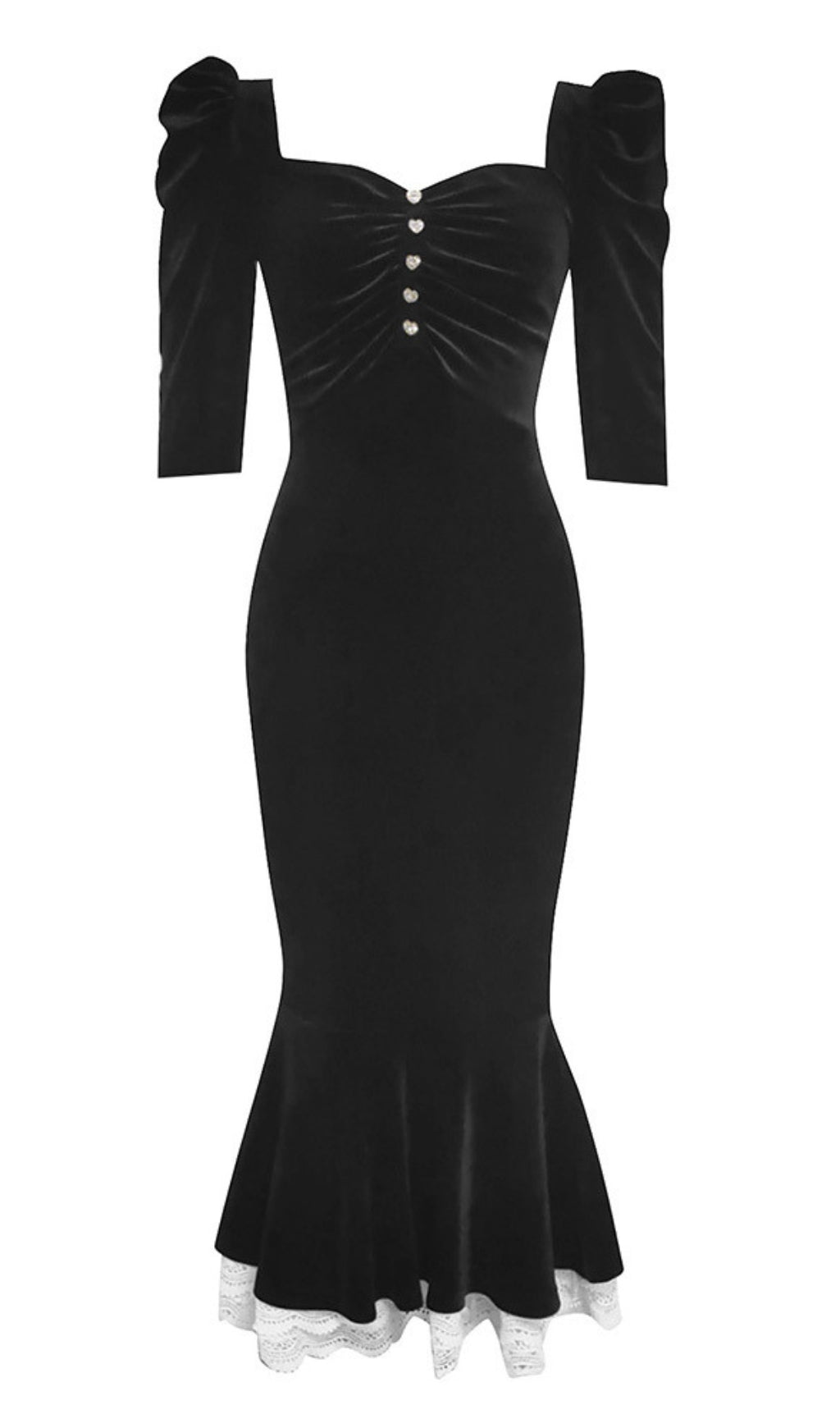 Samt-Meerjungfrauenkleid mit Puffärmeln und Knöpfen in Schwarz