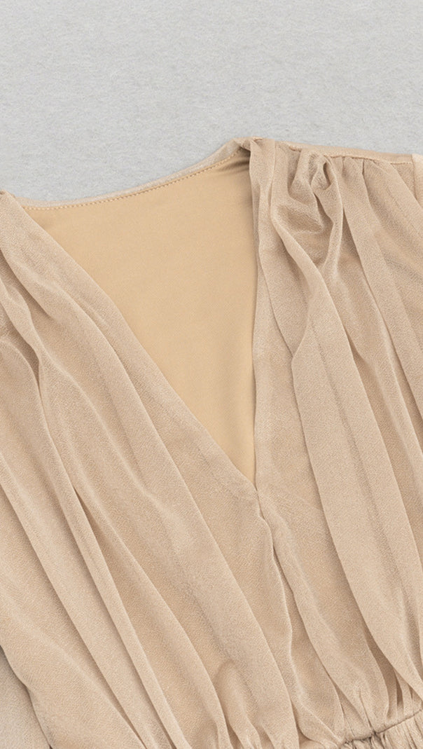 AIIZIE PLEATED V - NECK BELTED MESH - SLEEVE MAXI DRESS IN BEIGE - product image
