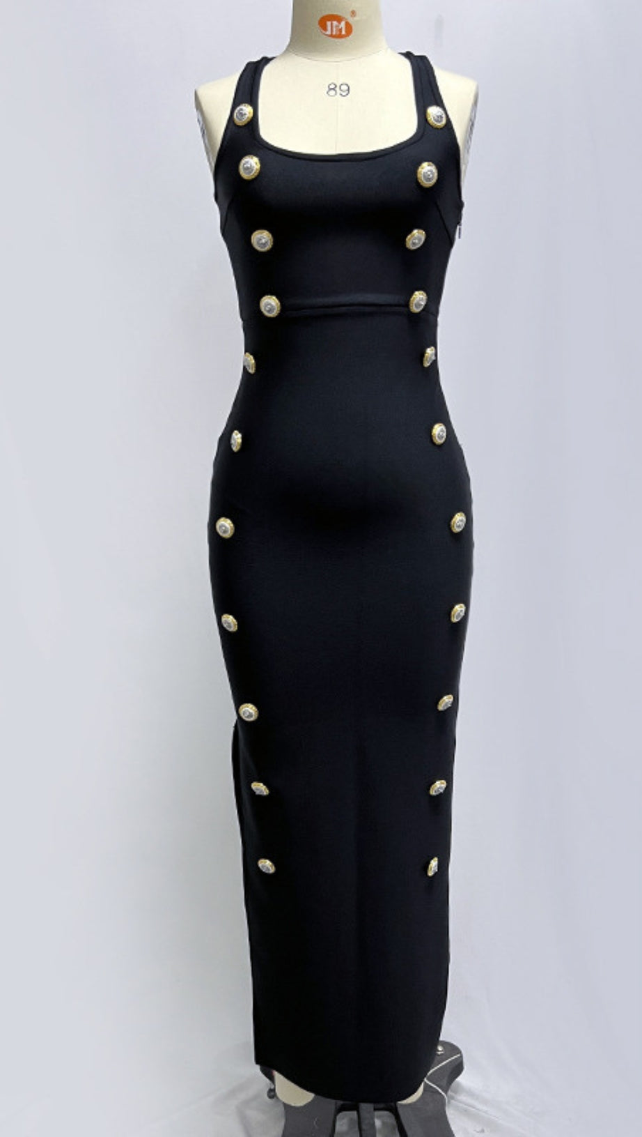 SQUARE - NECK BUTTON - EMBELLISHED MIDI DRESS IN BLACK