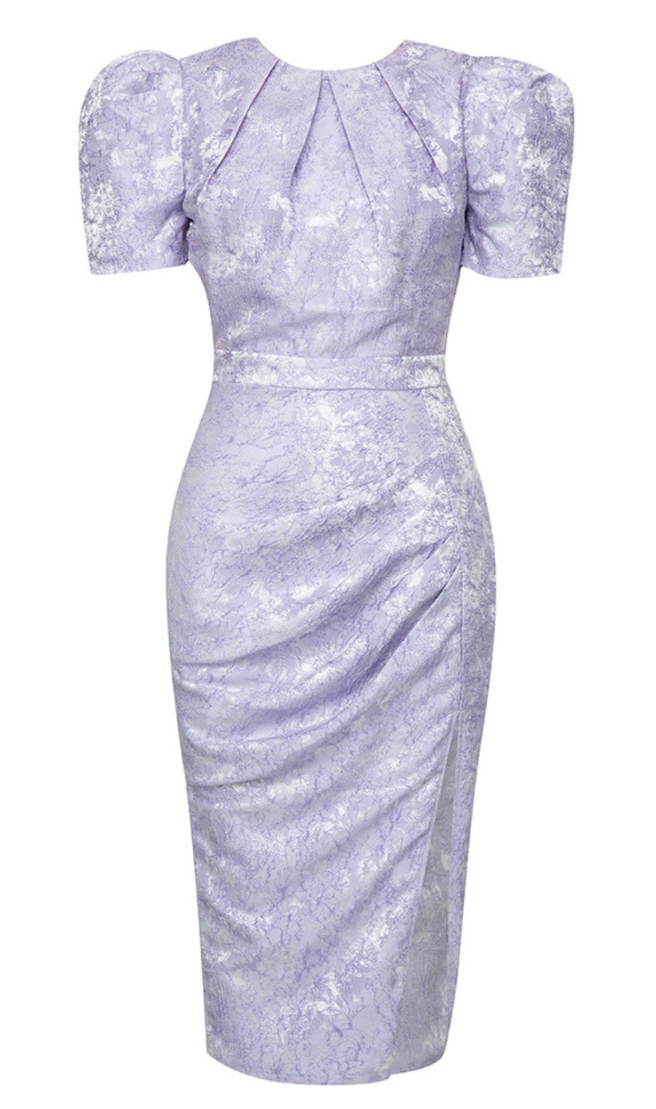 Abito midi floreale con maniche a sbuffo in jacquard color lavanda