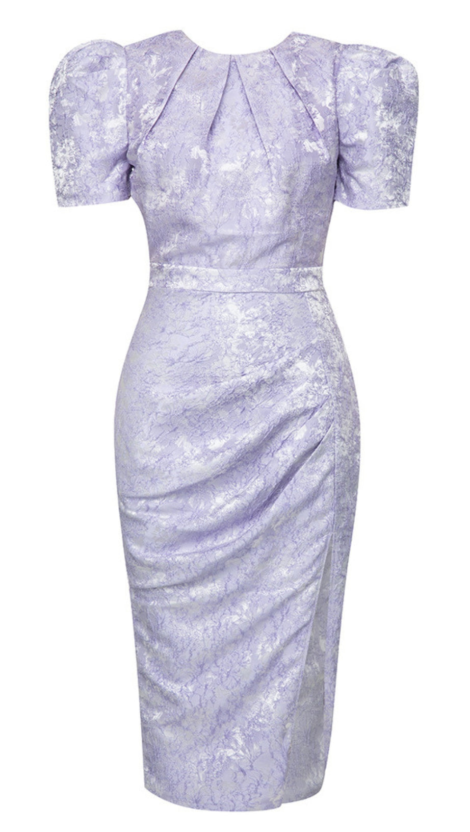 FLORAL - JACQUARD PUFF - SLEEVE MIDI DRESS IN LAVENDER