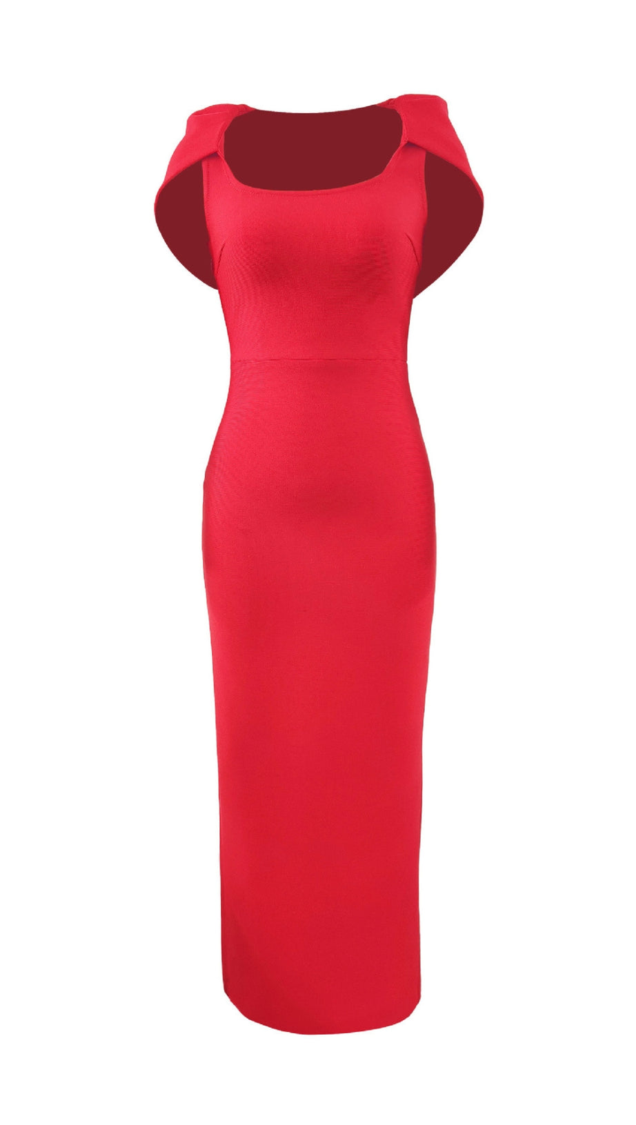 ABITO MIDI ADERENTE CON SCOLLO QUADRATO E MANICHE A CAPPUCCIO IN ROSSO