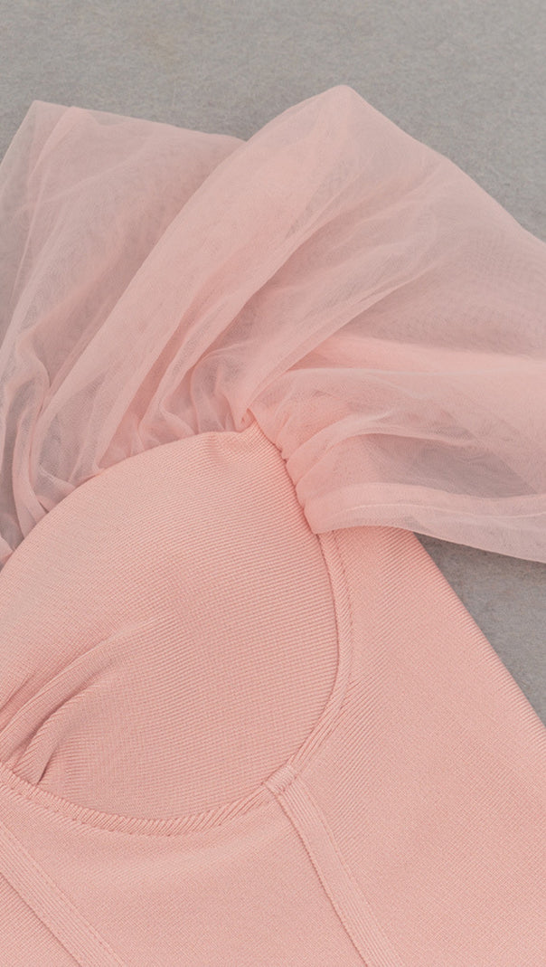 AIIZIE OFF - SHOULDER ORGANZA - SLEEVE MERMAID MIDI DRESS IN PINK - product image
