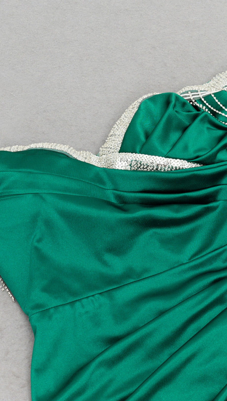 SATIN OFF - SHOULDER FRINGE - TRIM SLIT MAXI DRESS IN GREEN