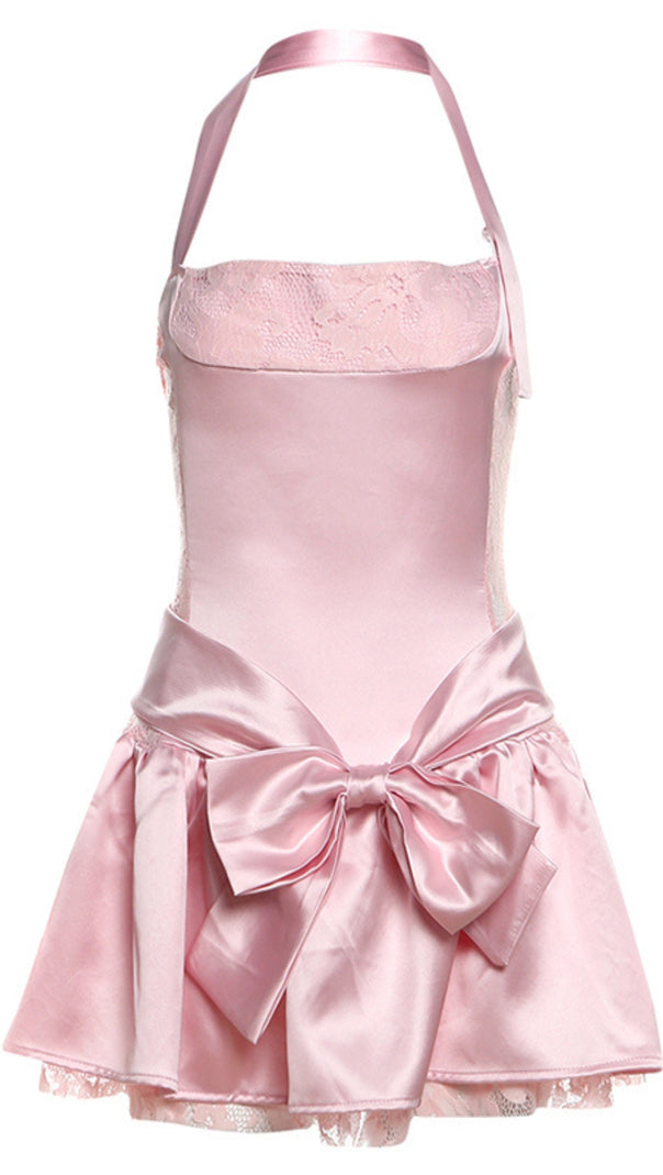AIIZIE PINK SATIN HALTER BOW - ACCENT MINI HOCO DRESS - product image