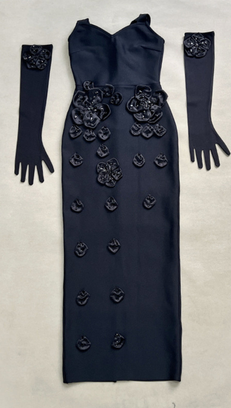 STRAPLESS FLORAL EMBELLISHED MIDI DRESS IN BLACK