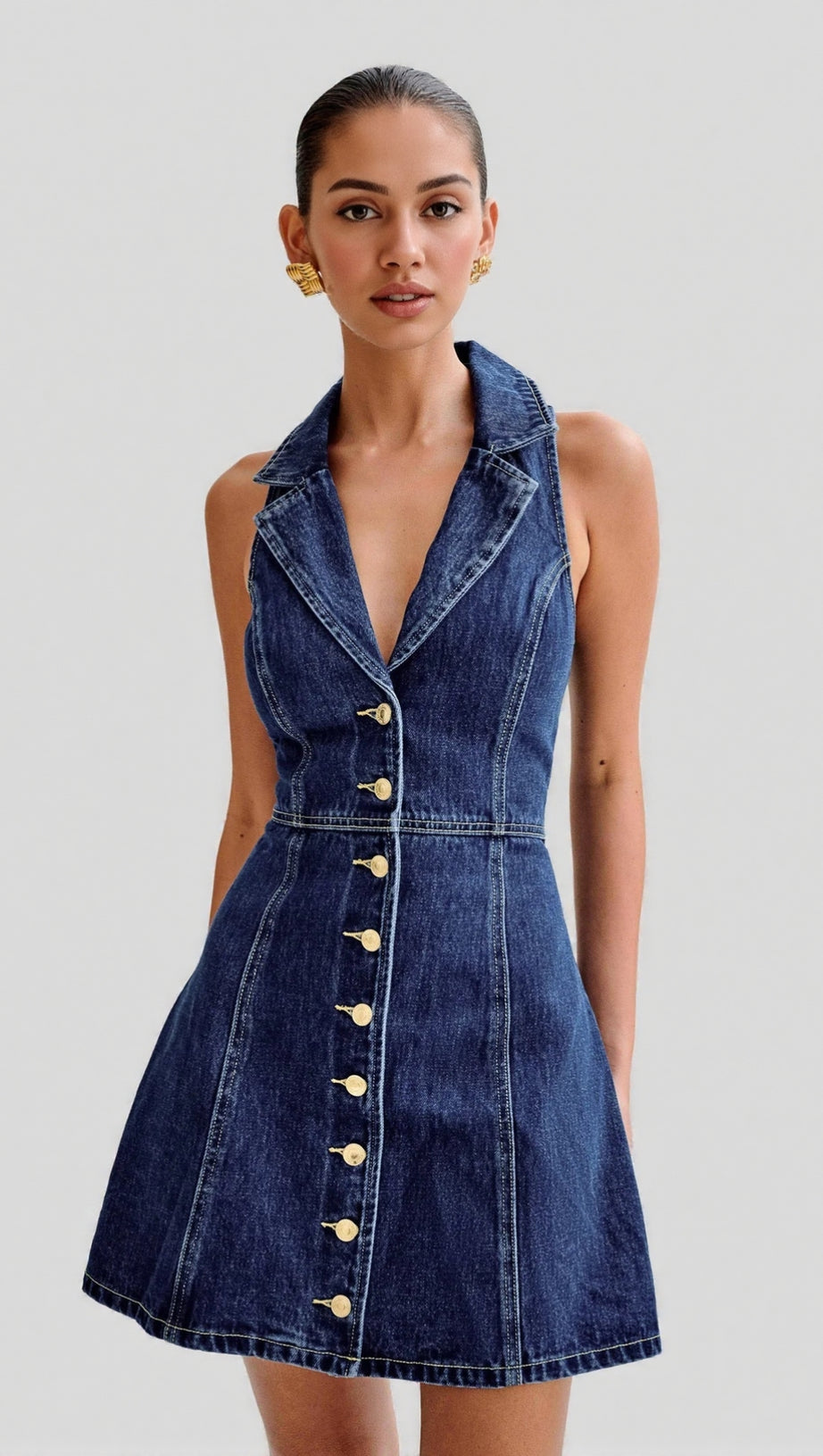 EARTHA COLLARED DENIM MINI DRESS - DARK BLUE