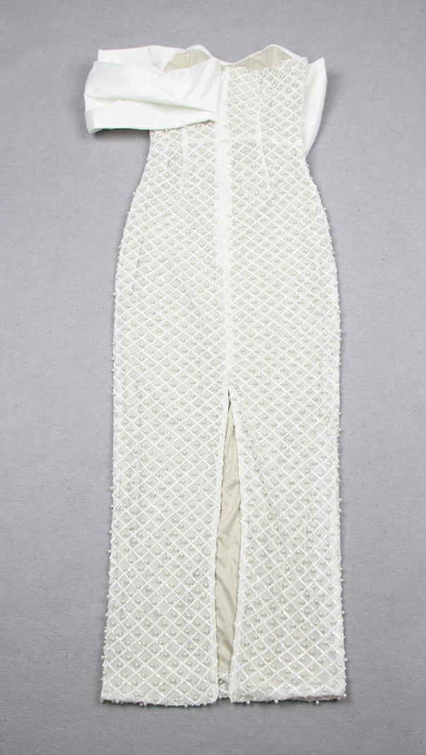 AIIZIE PEARL - EMBELLISHED BOW - ACCENT STRAPLESS MIDI DRESS IN WHITE - product image