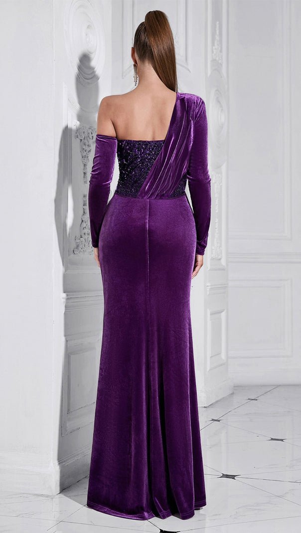 AIIZIE VELVET ONE - SHOULDER SEQUIN - EMBELLISHED MERMAID GOWN IN PURPLE - product image