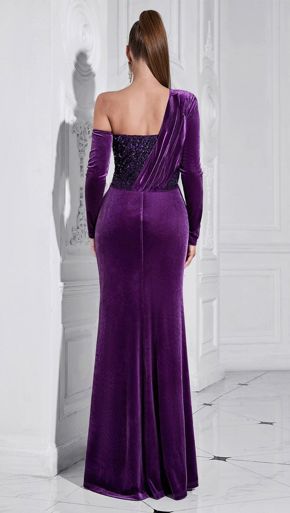 VELVET ONE - SHOULDER SEQUIN - EMBELLISHED MERMAID GOWN IN PURPLE