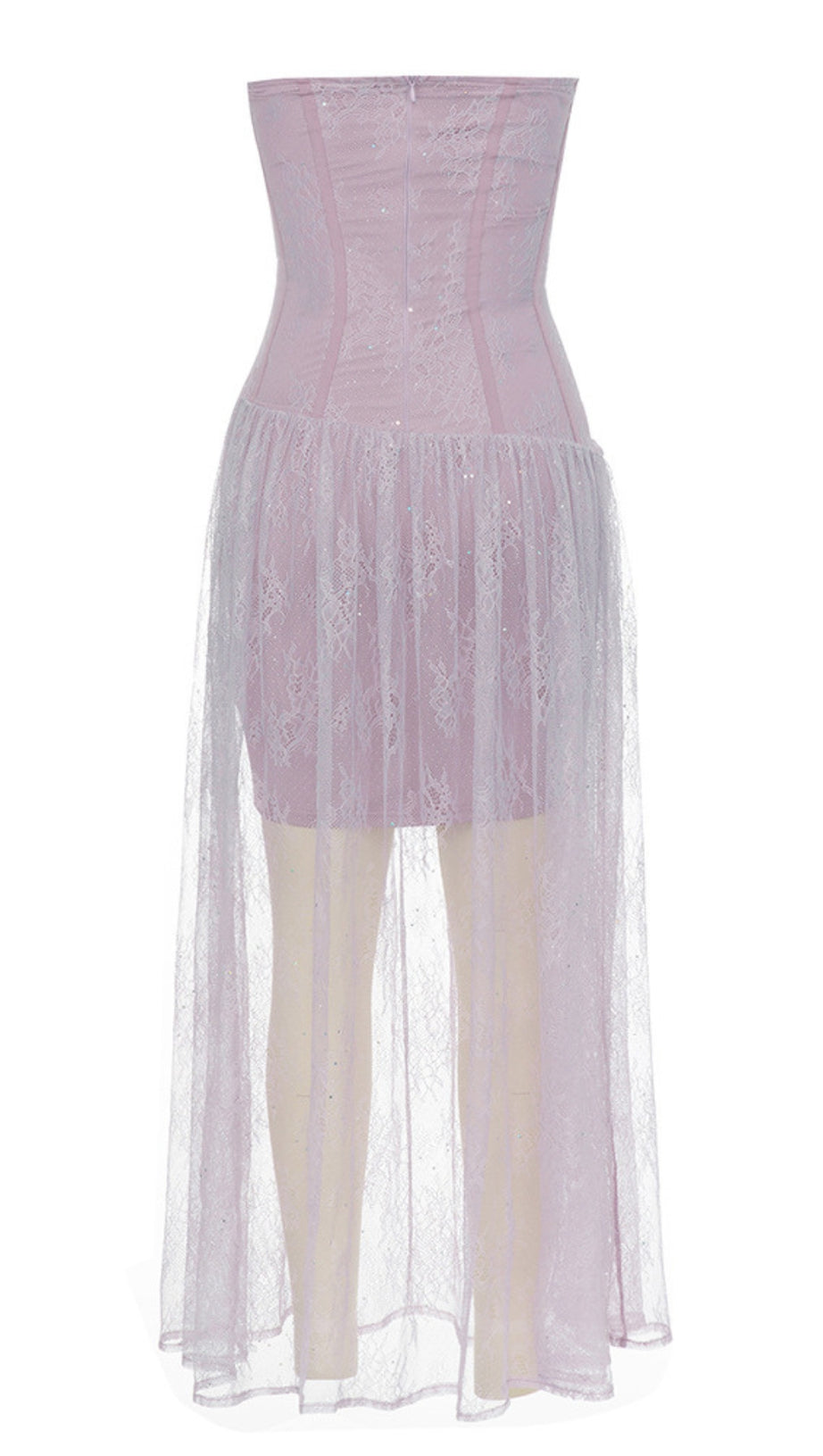 LACE STRAPLESS CORSET - STYLE MESH - OVERLAY MIDI DRESS IN LAVENDER