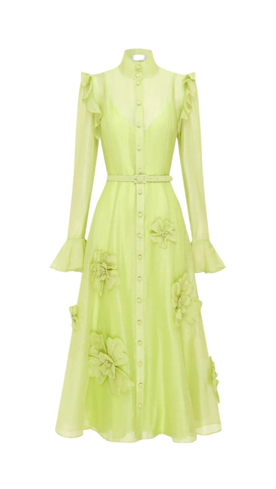 3D FLOWER BUTTERFLY SLEEVE MIDI DRESS - CHARTREUSE
