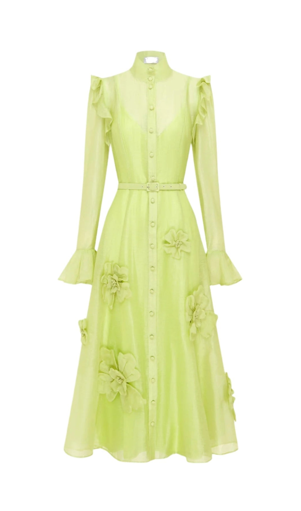 3D FLOWER BUTTERFLY SLEEVE MIDI DRESS - CHARTREUSE