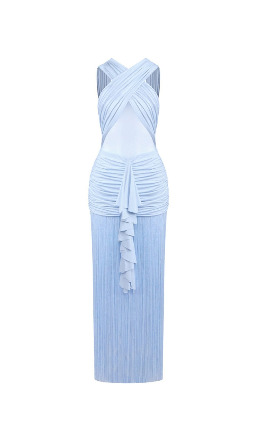 FRINGE MESH RUCHED MAXI DRESS