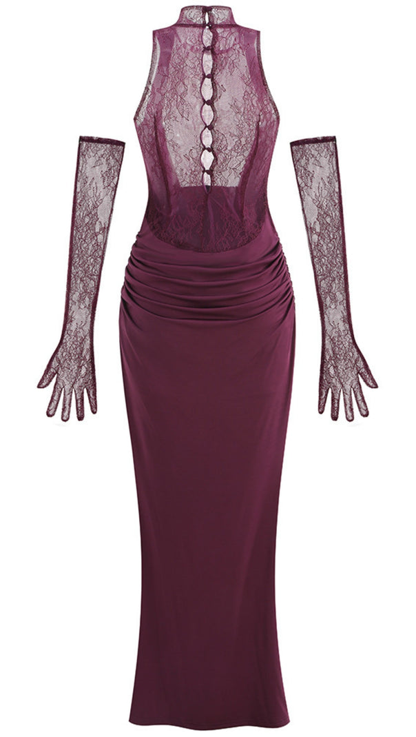 AIIZIE PURPLE RED HALTER NECK LACE - BACK MAXI DRESS WITH GLOVES - product image