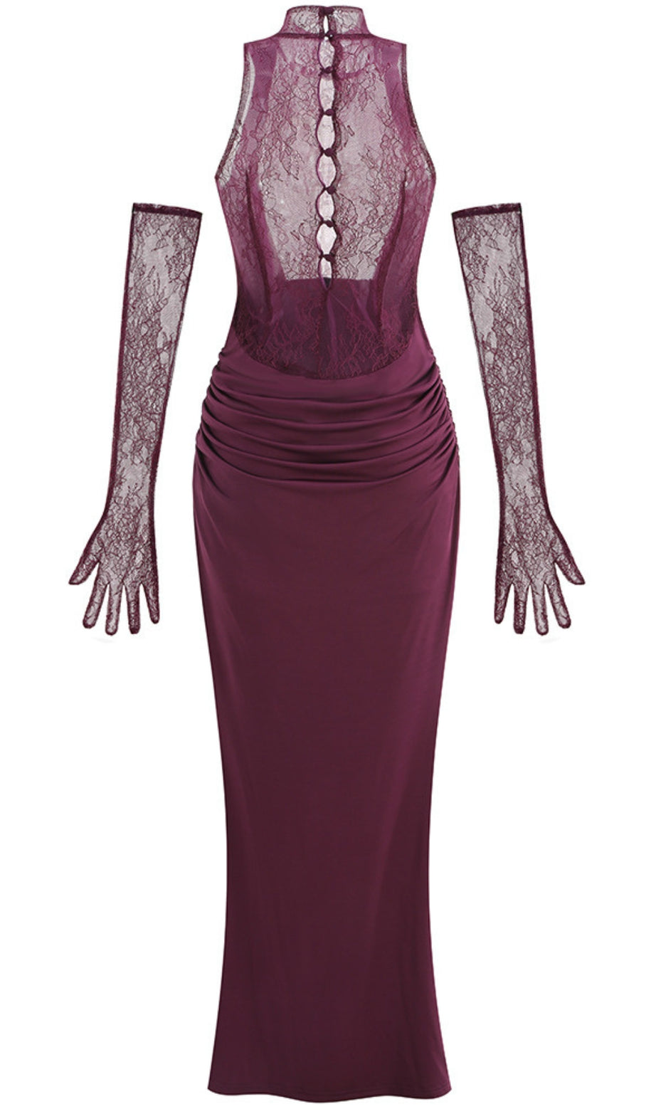 Purple Red Halter Neck Lace - Back Maxi Dress with Gloves