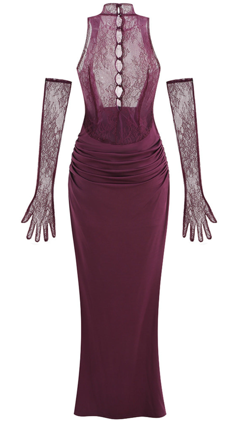 PURPLE RED HALTER NECK LACE - BACK MAXI DRESS WITH GLOVES
