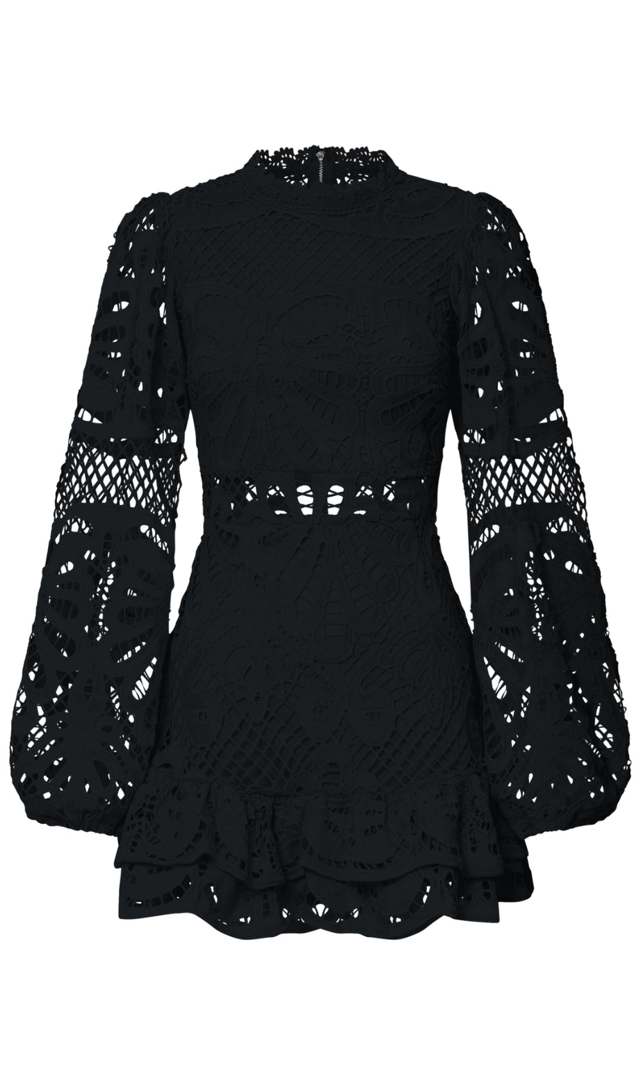 Long Puff Sleeve Lace Mini Dress In Black