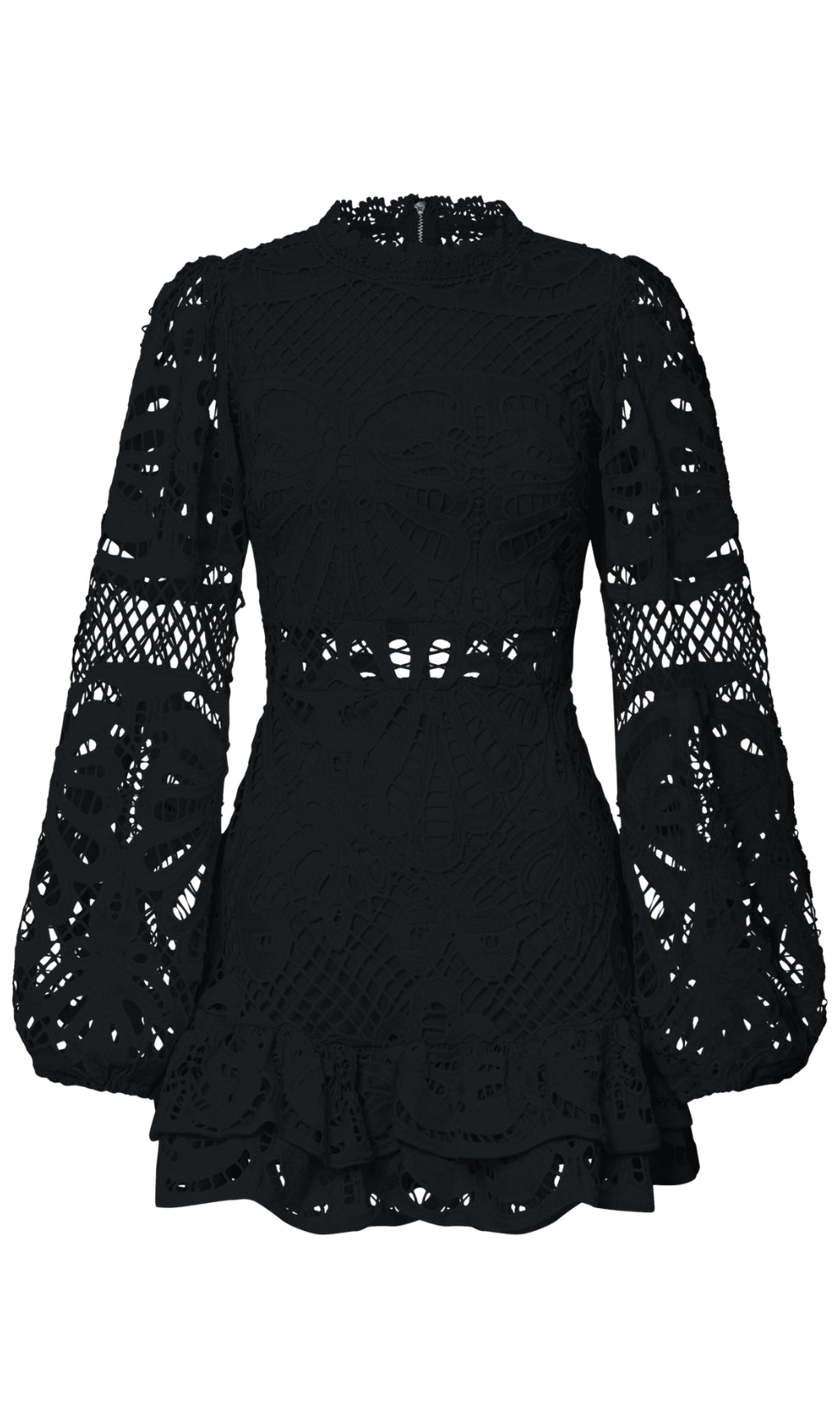Long Puff Sleeve Lace Mini Dress In Black