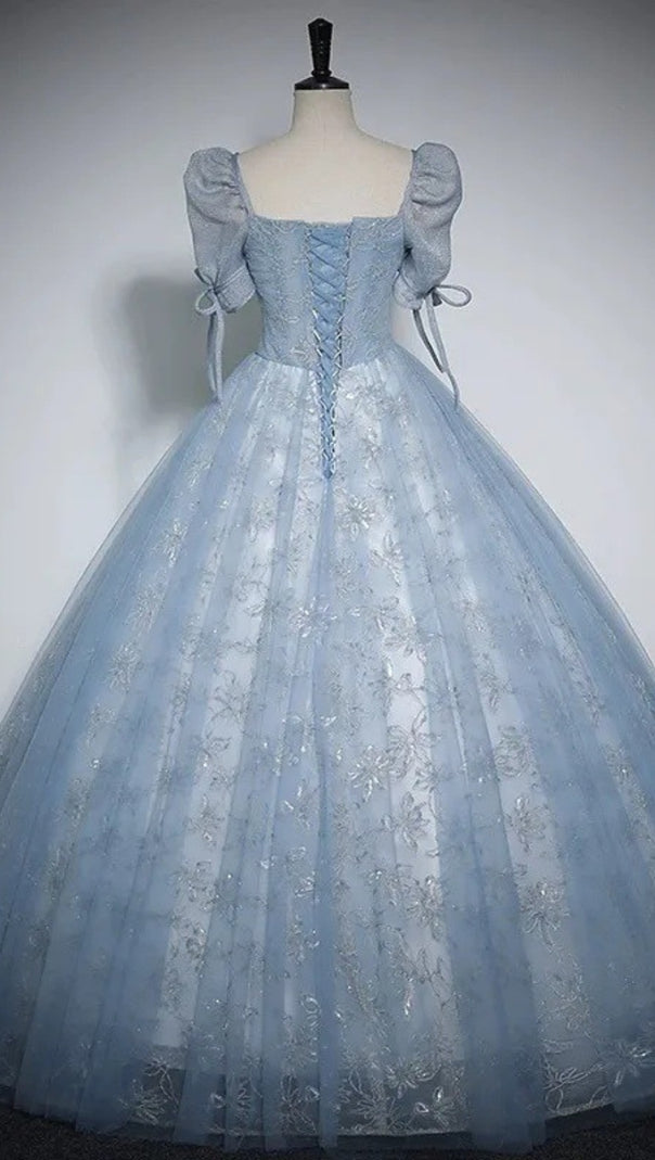 AIIZIE DUSTY BLUE FLORAL TULLE BALL GOWN PUFF SLEEVE PRINCESS DRESS - product image