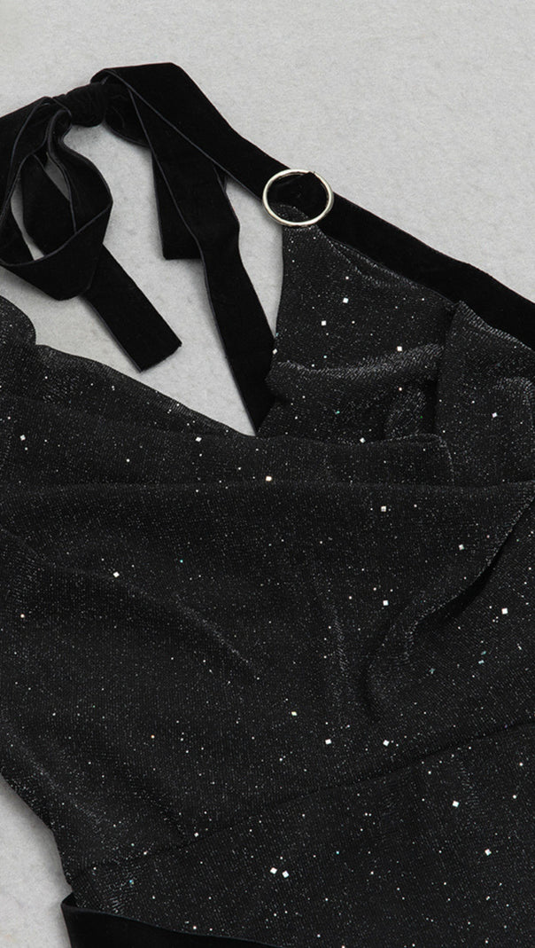 AIIZIE HALTER NECK GLITTER MESH - HEM MIDI DRESS IN BLACK - product image