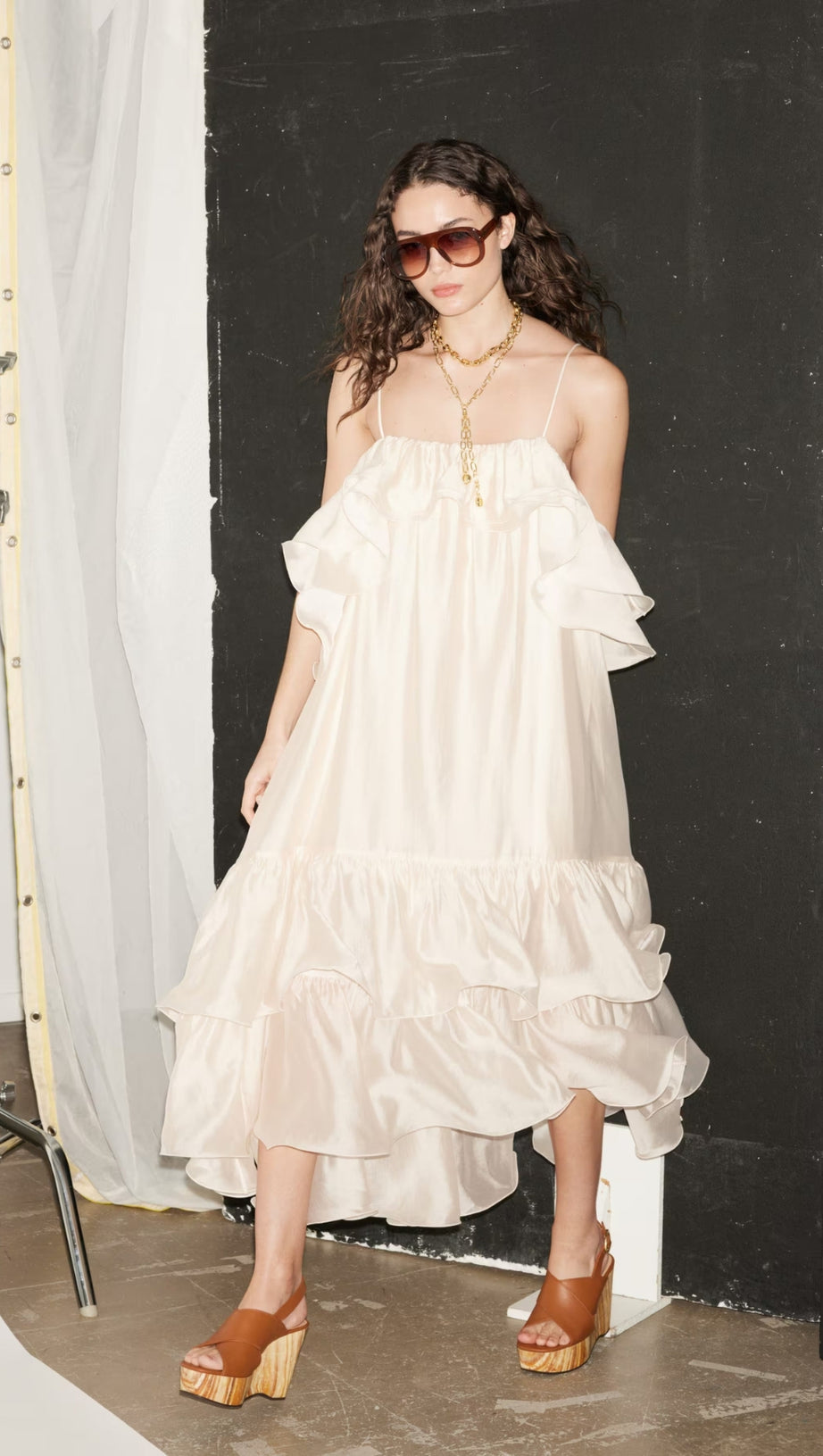 HEDWIG OFF-SHOULDER FLORAL PRINTED RUFFLE MAXI DRESS IN BEIGE