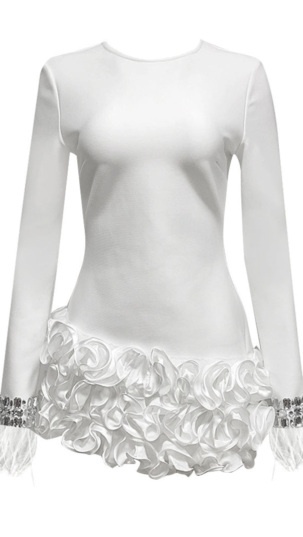 AIIZIE RHINESTONE - FEATHER RUFFLE - HEM LONG - SLEEVE MINI DRESS IN WHITE - product image