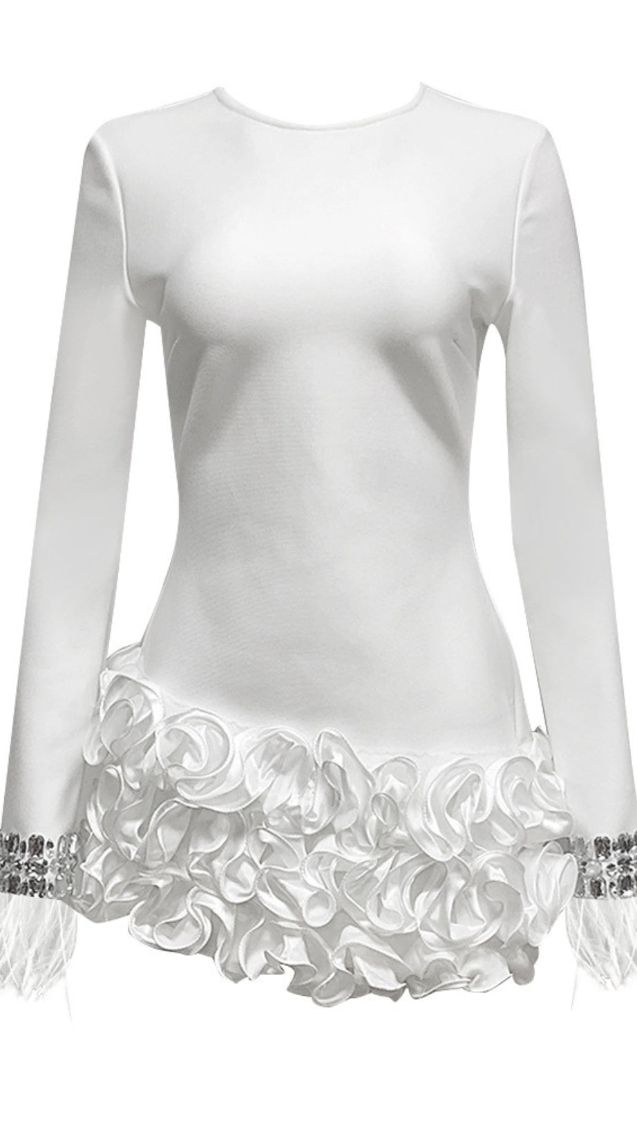 RHINESTONE - FEATHER RUFFLE - HEM LONG - SLEEVE MINI DRESS IN  WHITE