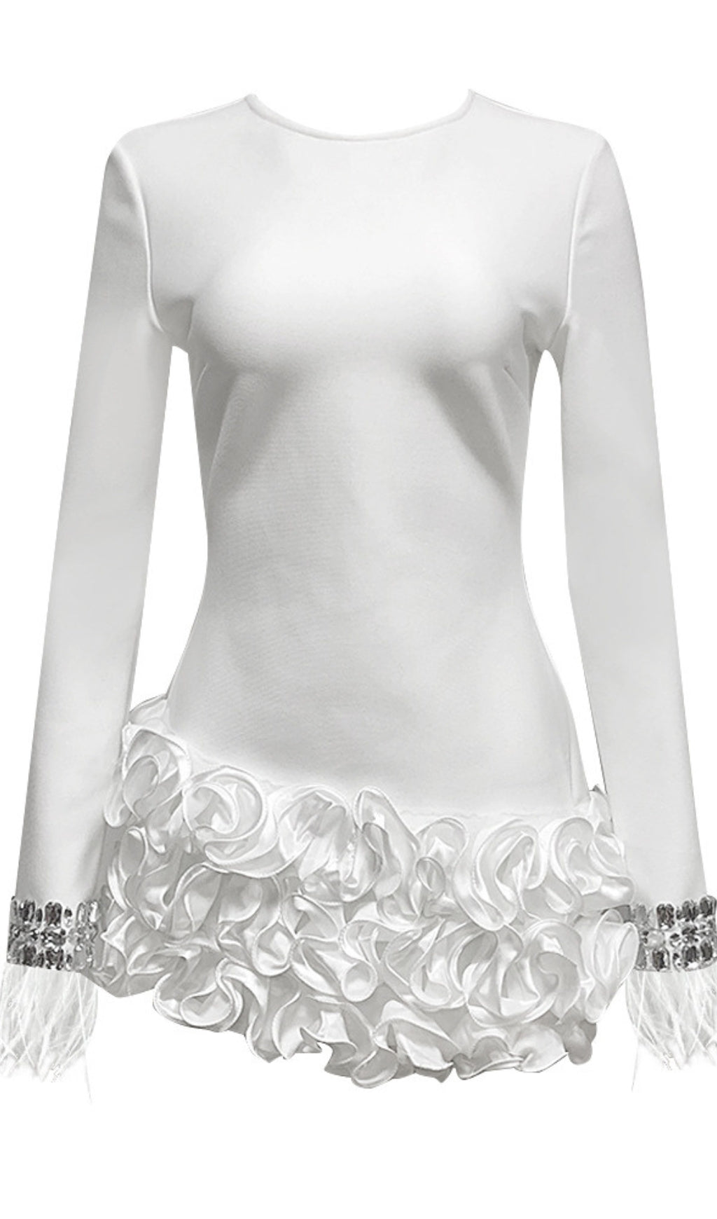 RHINESTONE - FEATHER RUFFLE - HEM LONG - SLEEVE MINI DRESS IN  WHITE