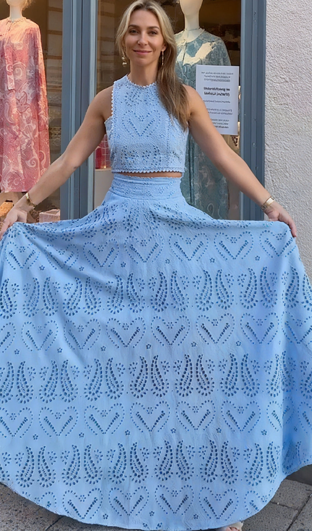 AIIZIE EYELET LACE TOP AND MAXI SKIRT SET IN BLUE - product image