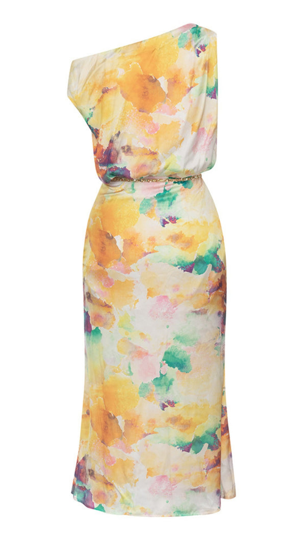 AIIZIE COLORFUL WATERCOLOR ONE - SHOULDER CHAIN - BELTED MIDI DRESS IN ORANGE - product image