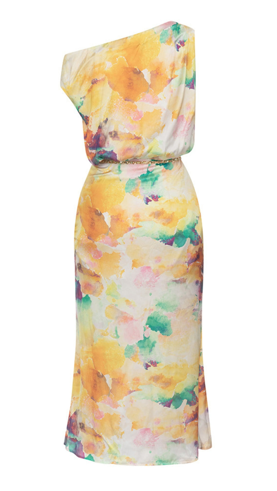 AIIZIE COLORFUL WATERCOLOR ONE - SHOULDER CHAIN - BELTED MIDI DRESS IN ORANGE - product image