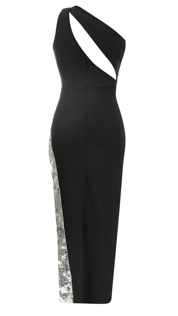 AIIZIE ONE - SHOULDER CUTOUT SEQUIN - TRIM MIDI DRESS IN BLACK - product image