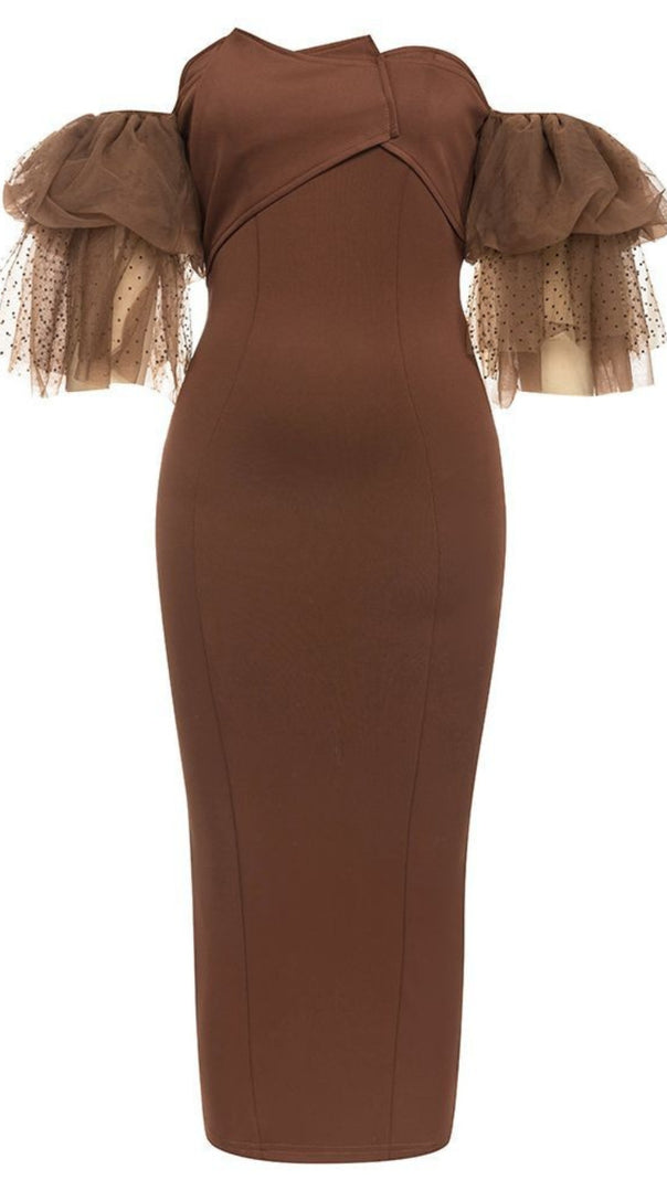 AIIZIE OFF - SHOULDER TULLE - SLEEVE MIDI DRESS IN BROWN - product image