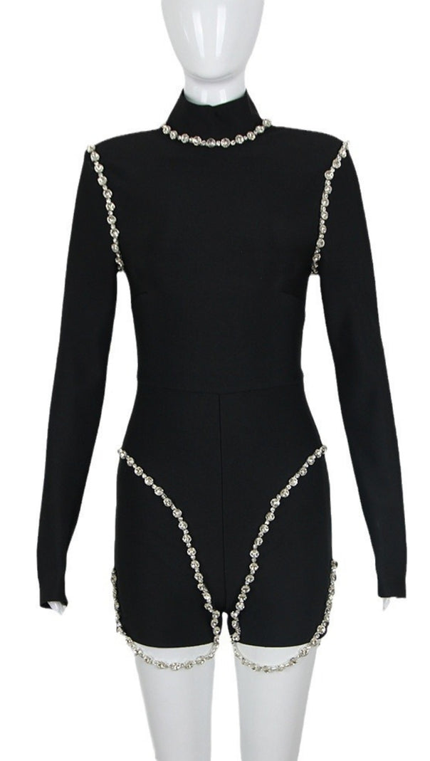 AIIZIE RHINESTONE - CHAIN - TRIMMED HIGH - NECK LONG - SLEEVE ROMPER IN BLACK - product image