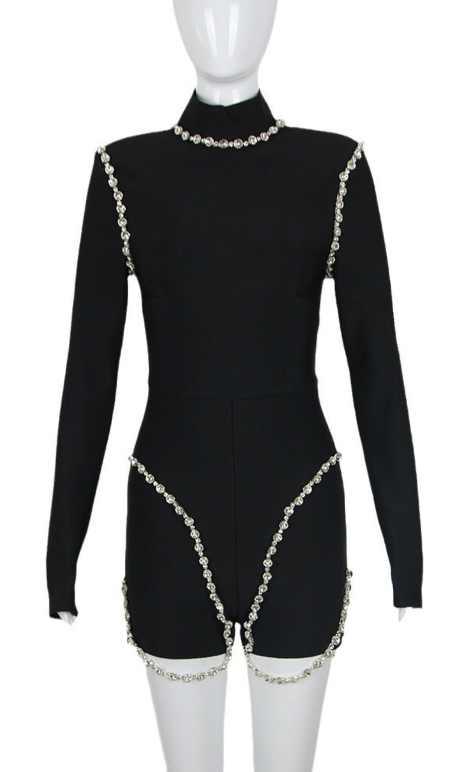 Rhinestone - Chain - Trimmed High - Neck Long - Sleeve Romper in  Black