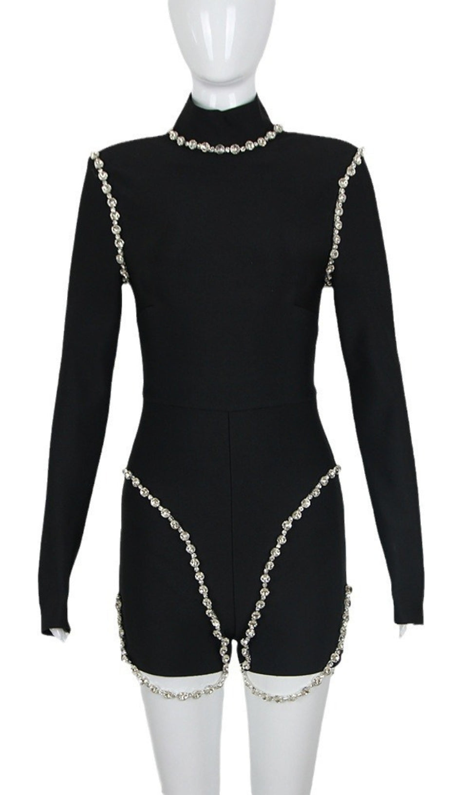 TUTINA A MANICHE LUNGHE CON COLLO ALTO E BORDI IN STRASS E CATENA, COLORE NERO