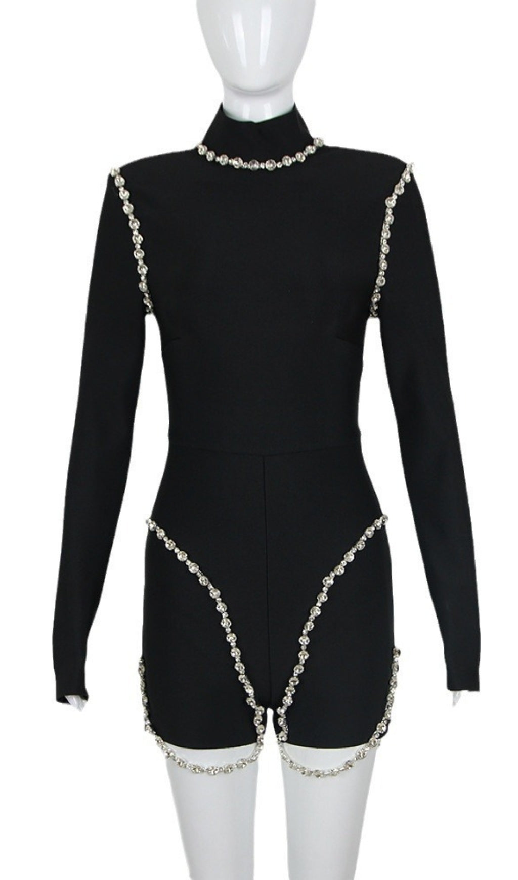 TUTINA A MANICHE LUNGHE CON COLLO ALTO E BORDI IN STRASS E CATENA, COLORE NERO